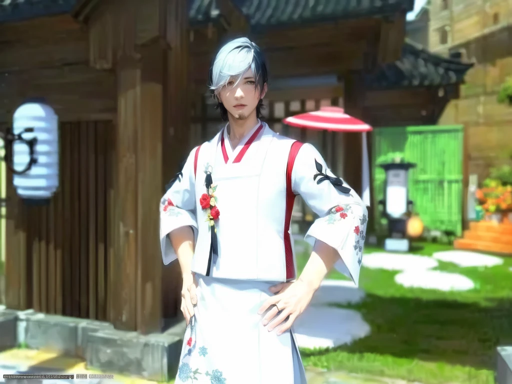 A man holding a frisbee stands in front of a building, Suncred Waters in style of wlop, ((wearing a noble robe)), Cotton Cloud Mage Robe, Suncred Waters, wearing a noble robe, Moon themed costume, Final Fantasy 14 Style, Portrait of Thancred, Black and white fitted robe!, yukata, classy yukata