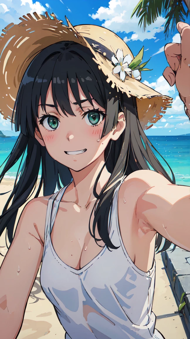 (High resolution:1.4), (masutepiece:1.2), (High quality:1.3) 1girl, saten ruiko, green eyes, long hair, black hair, small breast, blush, Grin、 White tank top shirt、Sweat、Cleavage、Armpit、 morning、summer、cloud、Wind、Straw hat、Selfie、Focus on the chest、, cinematic lighting,