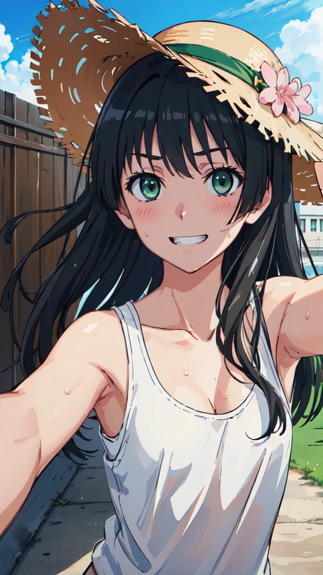 (High resolution:1.4), (masutepiece:1.2), (High quality:1.3) 1girl, saten ruiko, green eyes, long hair, black hair, small breast, blush, Grin、 White tank top shirt、Sweat、Cleavage、Armpit、 morning、summer、cloud、Wind、Straw hat、Selfie、Focus on the chest、, cinematic lighting,