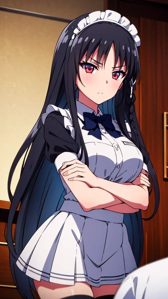 (masterpiece:1.3), (best quality:1.2)(8k, ultra detailed, ultra high res:1.3), ((anime style)), perfect 5 fingers, perfect anatomy, 1girl,
BREAK long hair, braid, black hair, 
red eyes, (focus detailed eyes:1.2), 
BREAK [medium breasts], maid, maid clothes,maid apron, maid headdress,frilled skirt,
BREAK blush, looking at viewer, cowboy shot, indoor, on the bed, 