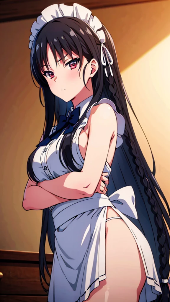 (masterpiece:1.3), (best quality:1.2)(8k, ultra detailed, ultra high res:1.3), ((anime style)), perfect 5 fingers, perfect anatomy, 1girl,
BREAK long hair, braid, black hair, 
red eyes, (focus detailed eyes:1.2), 
BREAK [medium breasts], maid, maid clothes,maid apron, maid headdress,frilled skirt,
BREAK blush, looking at viewer, cowboy shot, indoor, on the bed, 