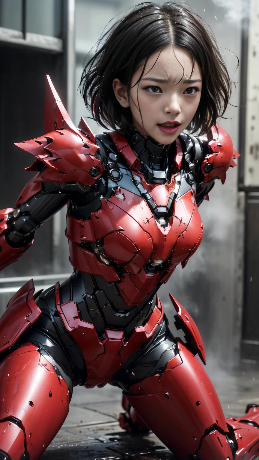 , Very detailed, Advanced Details, high quality, 最high quality, High resolution, 1080P 、、Red Armor、Wearing red and black、cute((During a break))(破損したwoman用ロボットスーツを着用...)(Red Armor)(Broken Armor)Black Hair、、Soaking wet、Soaked Face　　Beautiful Face、Hot look　knock down、よだれing from the mouth、woman　(Steam coming out of the face) ((Steam from the body)) 　Filming location　I can see the vagina　Release Schedule　look up　Remove headgear　Short Hair Boyish