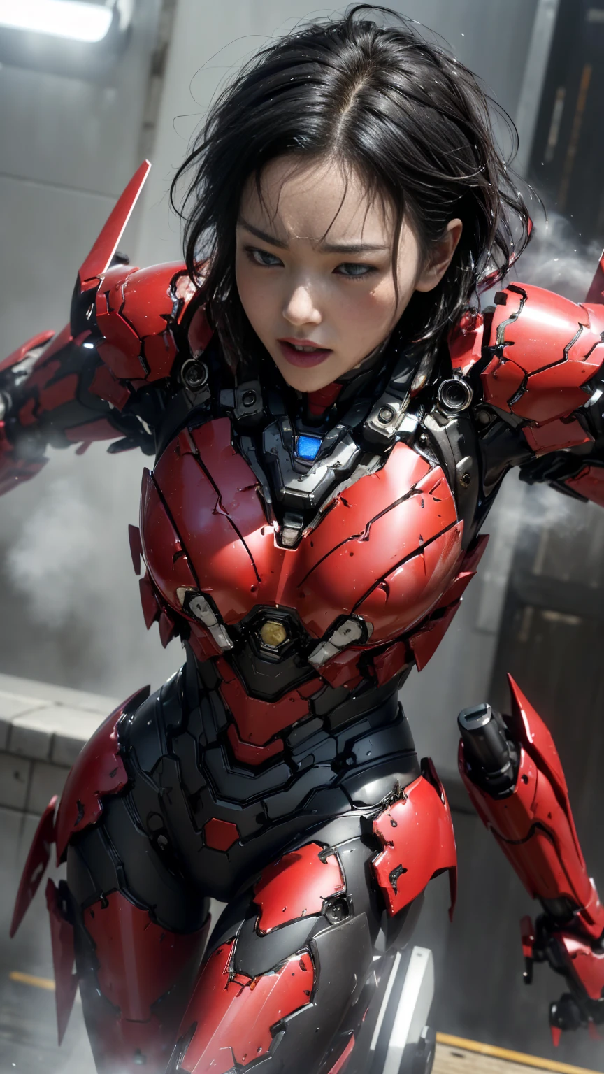 , Very detailed, Advanced Details, high quality, 最high quality, High resolution, 1080P 、、Red Armor、Wearing red and black、cute((During a break))(破損したwoman用ロボットスーツを着用...)(Red Armor)(Broken Armor)Black Hair、、Soaking wet、Soaked Face　　Beautiful Face、Hot look　knock down、よだれing from the mouth、woman　(Steam coming out of the face) ((Steam from the body)) 　Filming location　I can see the vagina　Release Schedule　look up　Remove headgear　Short Hair Boyish