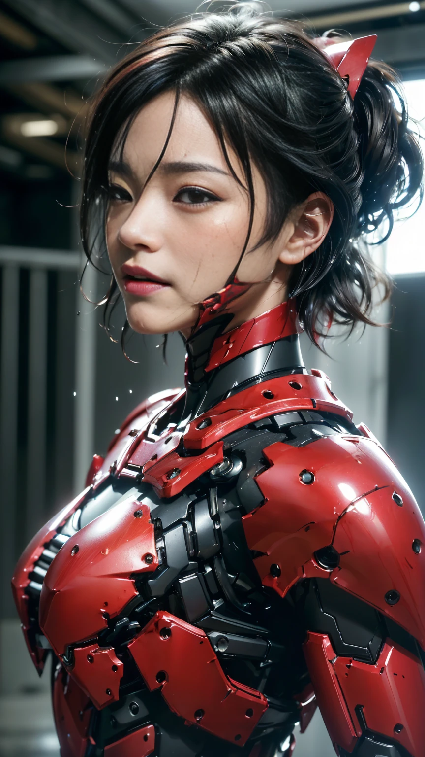 , Very detailed, Advanced Details, high quality, 最high quality, High resolution, 1080P 、、Red Armor、Wearing red and black、cute((During a break))(破損したwoman用ロボットスーツを着用...)(Red Armor)(Broken Armor)Black Hair、、Soaking wet、Soaked Face　　Beautiful Face、Hot look　knock down、よだれing from the mouth、woman　(Steam coming out of the face) ((Steam from the body)) 　Filming location　I can see the vagina　Release Schedule　look up　Remove headgear　Short Hair Boyish