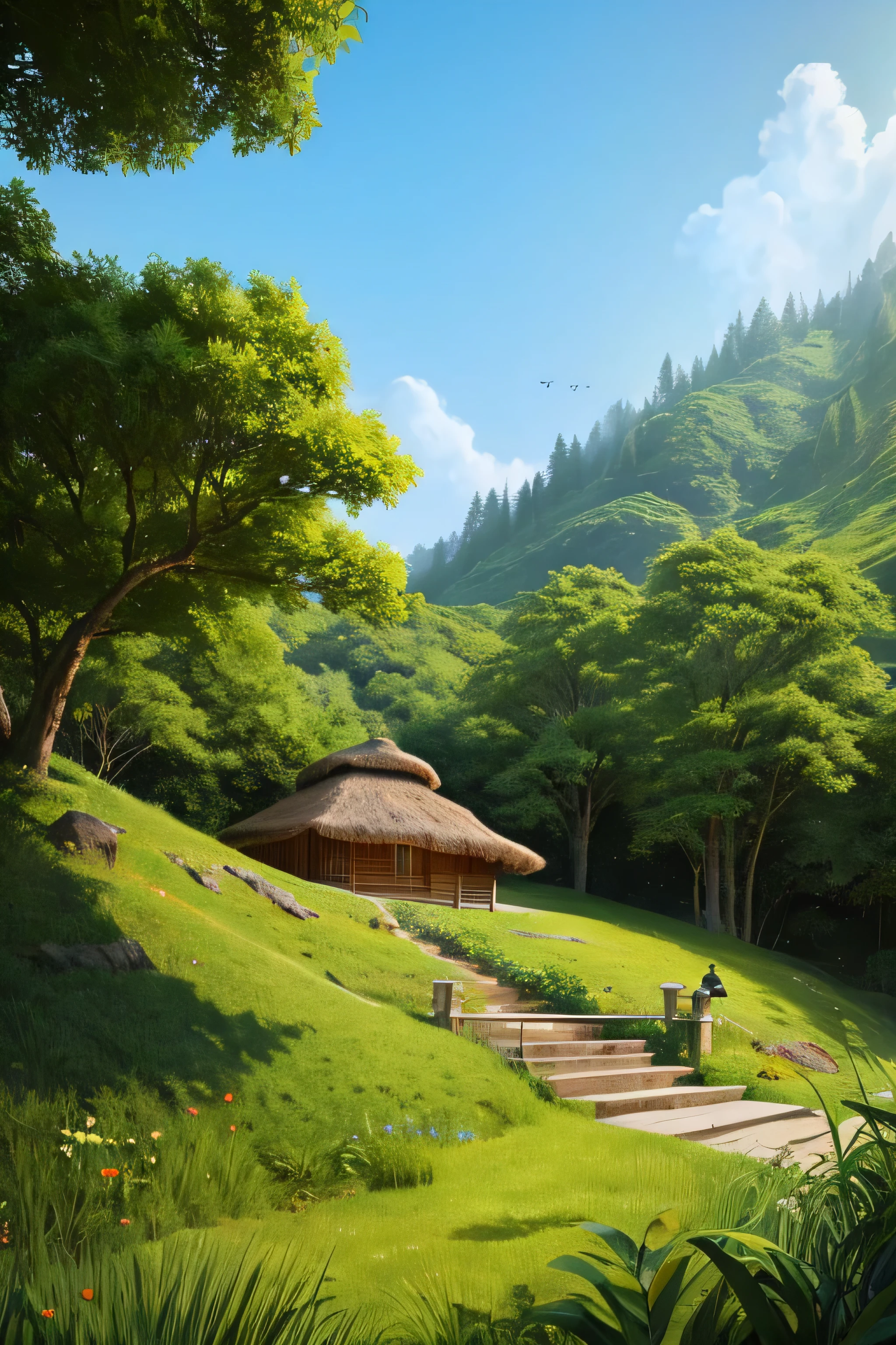 illustration of a natural landscape with a hut on a hill under a large shady tree