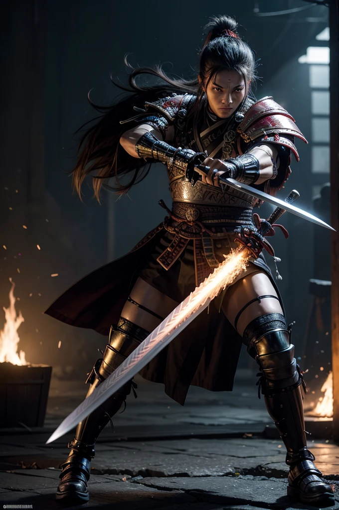 Cyber samurai warrior, with four flaming machete swords
