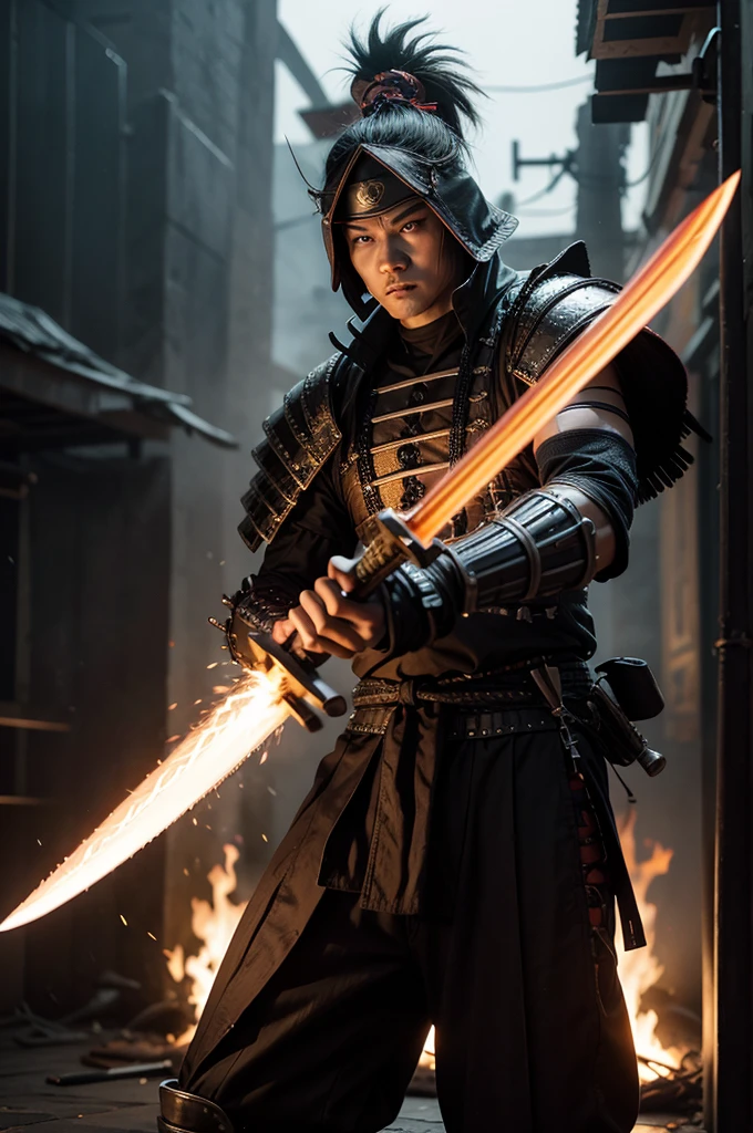 Cyber samurai warrior, with four flaming machete swords