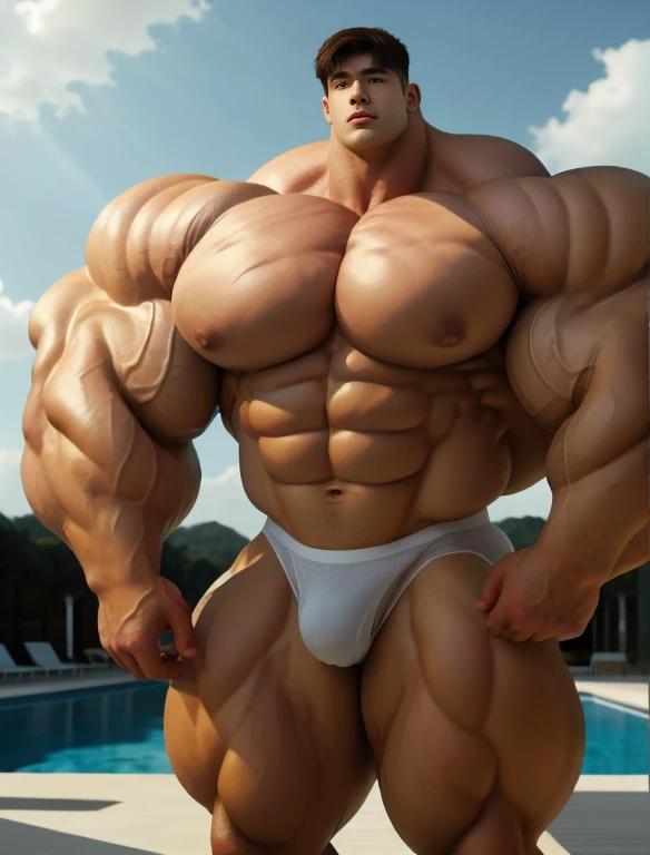 1boy, giant, alone, giant bodybuilder, dynamic pose, illuminating light, strong body, bulk, large size, standing, sunbathing, with panoramic background, outdoor, nude, white triangular underwear, massive meaty bulge, extraordinary big, brutalmass, giant muscular body, bulk, buff, massive body, large meaty body size, extremely wide body