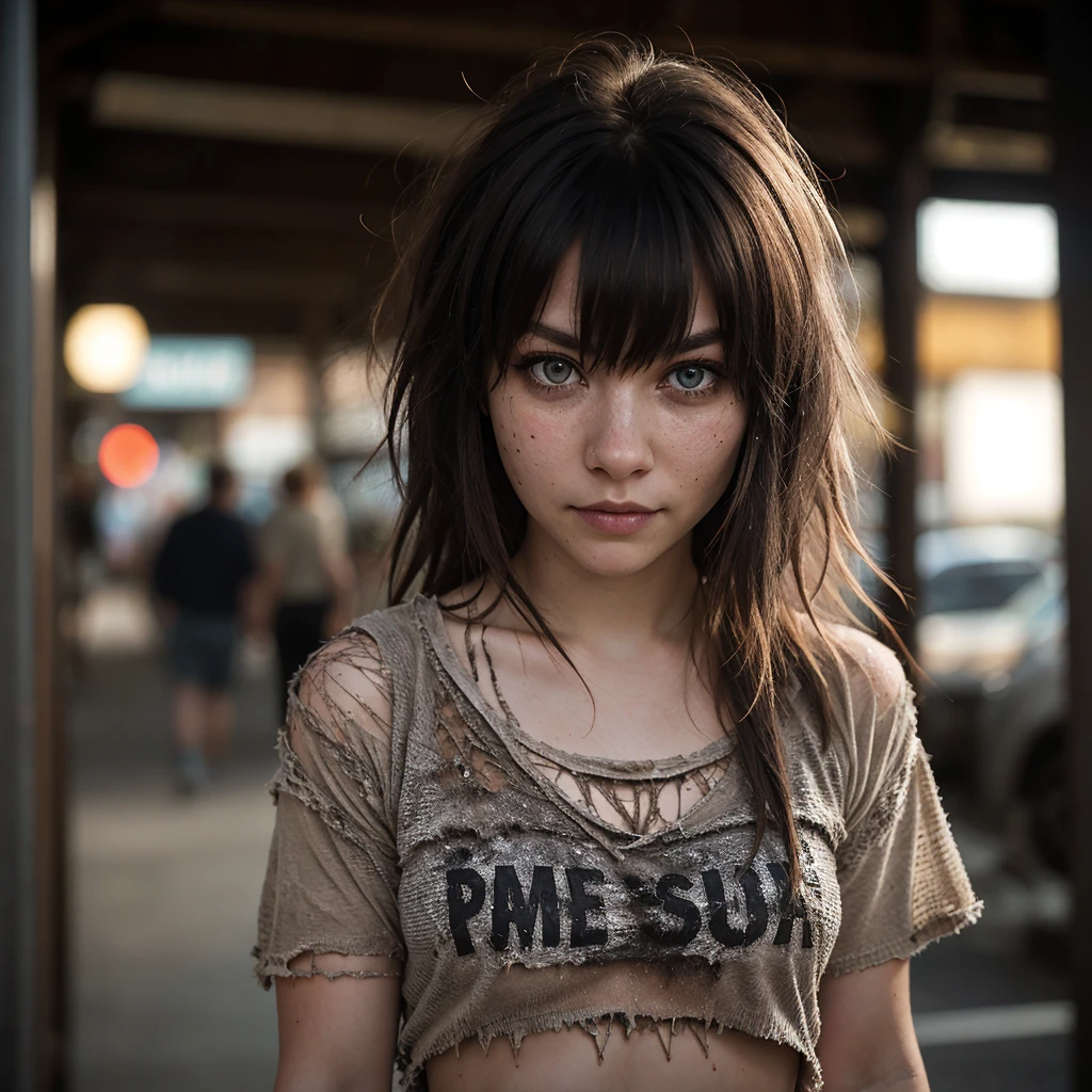 Pale woman wearing shredded grunge shirt, dark messy hair, staring at viewer, perfect quality, sharp focus, shallow depth of field, 8k, flash photography, dread in eyes