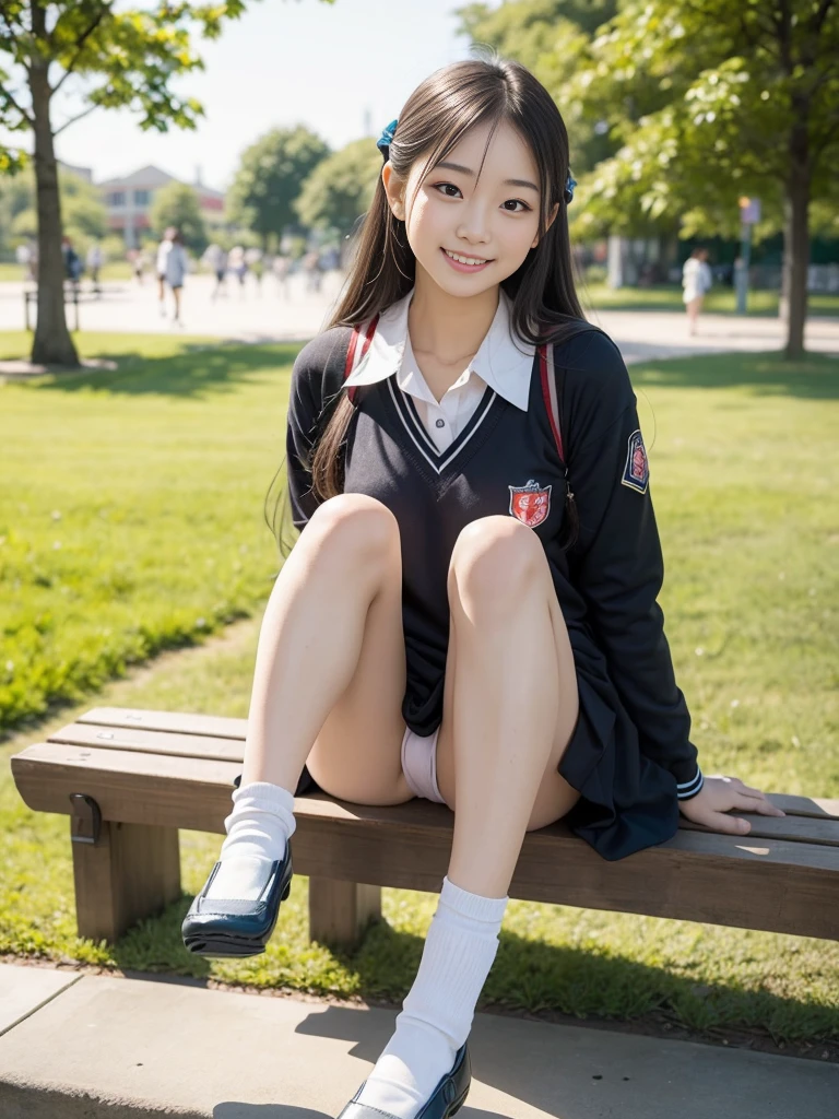 Pure Japanese school girl, sexual attractive, outstanding body, beautiful legs, wearing loose uniform, socks, loafers, panty, sweet smile, sitting on bench, refreshing in early summer park, composition from the front, 
