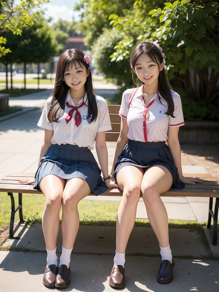 Pure Japanese school girl, sexual attractive, outstanding body, beautiful legs, wearing loose uniform, socks, loafers, panty, sweet smile, sitting on bench, refreshing in early summer park, composition from the front,