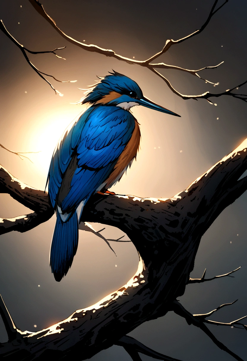 A kingfisher poised gracefully on a branch, intense morning light diffused through mist rising slowly around it, highlighting its intricate feathers in dramatic side lighting