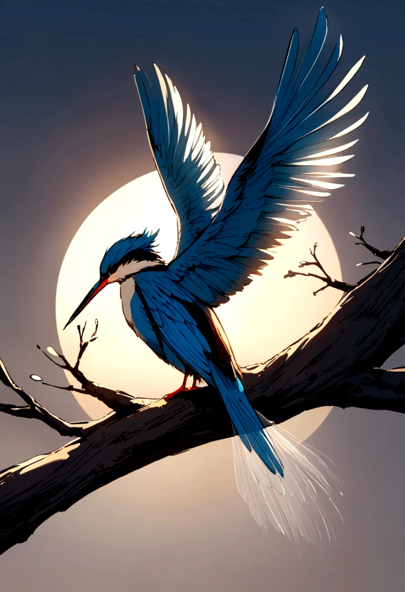 A kingfisher poised gracefully on a branch, intense morning light diffused through mist rising slowly around it, highlighting its intricate feathers in dramatic side lighting