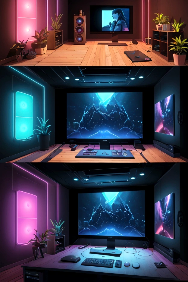 Design a dynamic content creator's studio with vibrant RGB lighting and additional ambient accents. Integrate a stylish wooden showcase displaying tech gadgets, awards, and personal items. Include a dedicated podcast setup with professional equipment and emphasize a sleek, productive workspace. Enhance the aesthetic with decorative elements like wall art, plants, and accessories for a visually captivating and multifunctional space. wide angle view, big room, large room,gaming room, neon lights, semi dark room , special effects, only screen and monitors, anime correctors photos in wall, realistic, ultra realistic, 4k image quality , best colour
