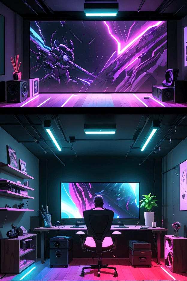 Design a dynamic content creator's studio with vibrant RGB lighting and additional ambient accents. Integrate a stylish wooden showcase displaying tech gadgets, awards, and personal items. Include a dedicated podcast setup with professional equipment and emphasize a sleek, productive workspace. Enhance the aesthetic with decorative elements like wall art, plants, and accessories for a visually captivating and multifunctional space. wide angle view, big room, large room,gaming room, neon lights, semi dark room , special effects, only screen and monitors, anime correctors photos in wall, realistic, ultra realistic, 4k image quality , best colour
