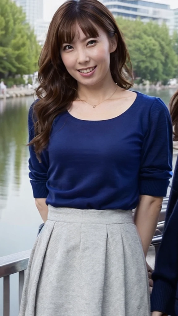((Highest quality)), ((8K)), ((masterpiece: 1.3)), (Perfect appearance), (Photorealism: 1.6), (AIF), (Woman standing in the middle of the stage), Japanese Mature, (58 years old), ((Realistic skin texture)), (Fine wrinkles appear all over the skin), (Dullness), (Unmoisturized skin) , (Facial wrinkles), (Wrinkles around the eyes), double eyelid, Lower eyelid tear trough, (Dimples), Short bangs, Long wavy hair, Smile with the corners of your mouth turned up, (Double teeth: 1.2), The gaze is directed here, (Open neck blouse), (Three-quarter sleeves, Wide cuffs), (Long skirt), High heels, (whole body), (Angle from the feet),