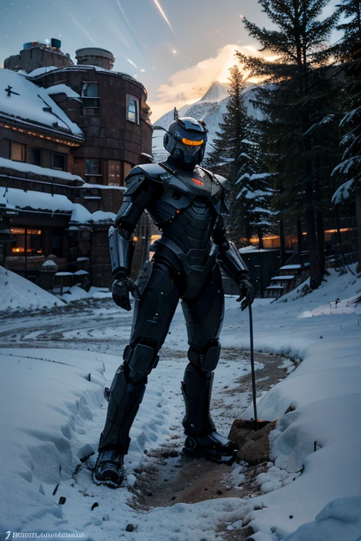 A humanoid robot researching the soil with an LED light that touches the ground, analyzing and collecting samples of soil components , not just with snow, in the background frozen mountains without vegetation, right planet.View outside the ship.