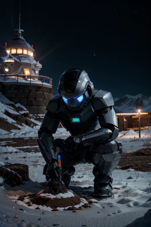 A humanoid robot researching the soil with an LED light that touches the ground, analyzing and collecting samples of soil components , not just with snow, in the background frozen mountains without vegetation, right planet.View outside the ship.