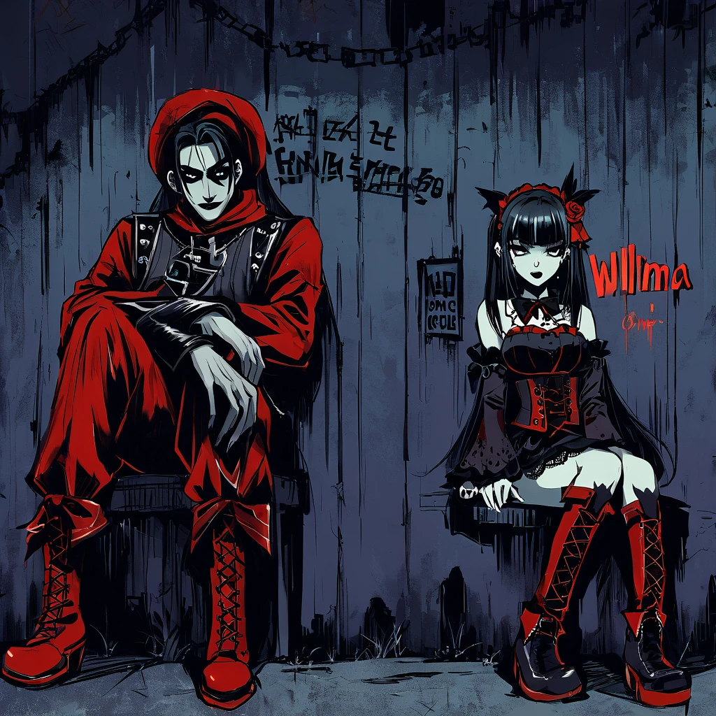 Fred Flintstone sitting next to a Wilma Flintstone in Gothic style with black lipstick and a corset, both wearing red gothic boots, against a dark, eerie wall with gothic graffiti