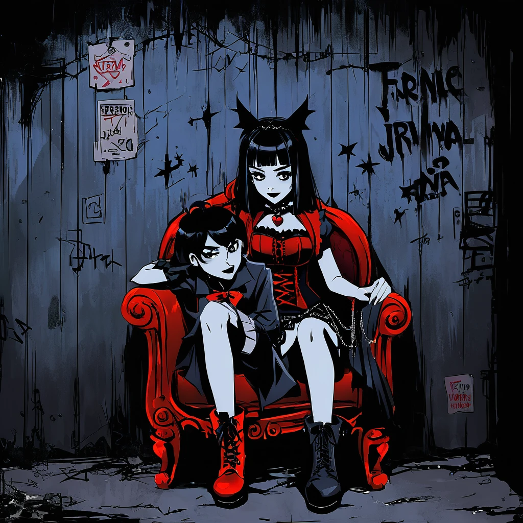 Fred Flintstone sitting next to a Wilma Flintstone in Gothic style with black lipstick and a corset, both wearing red gothic boots, against a dark, eerie wall with gothic graffiti