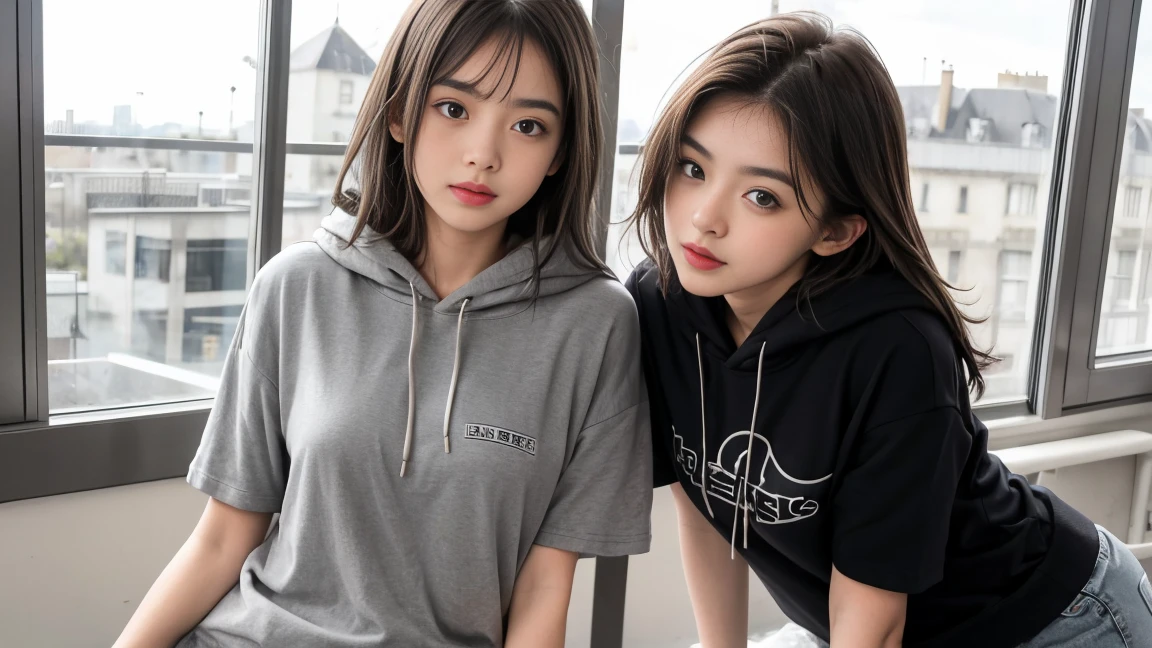 deux femmes ensemble de 18 ans sexy et mince , gray short sleeve hoodie , salle de classe, se touche,position sey,sensuel