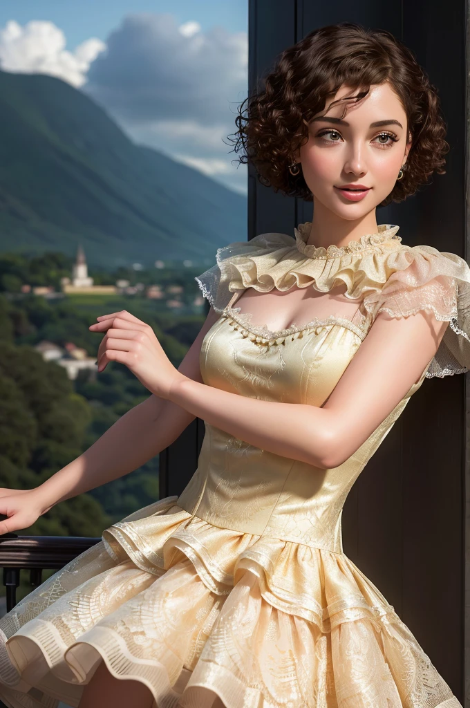 volant_dress, voldress
Masterpiece, best quality, (highly detailed raw photo:1. 2), 8k render in octane, volumetric lighting, volumetric shadows  a woman, short hair, green eyes, Mimicking a ballet pose
minimalist landscape background