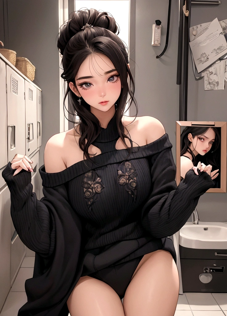 ((best quality)), ((masterpiece)), (detailed), 1girl, off-shoulder sweater, sharp eyes,thick eyelash,pointed nose, (pose: posing on the locker room floor with a sexy