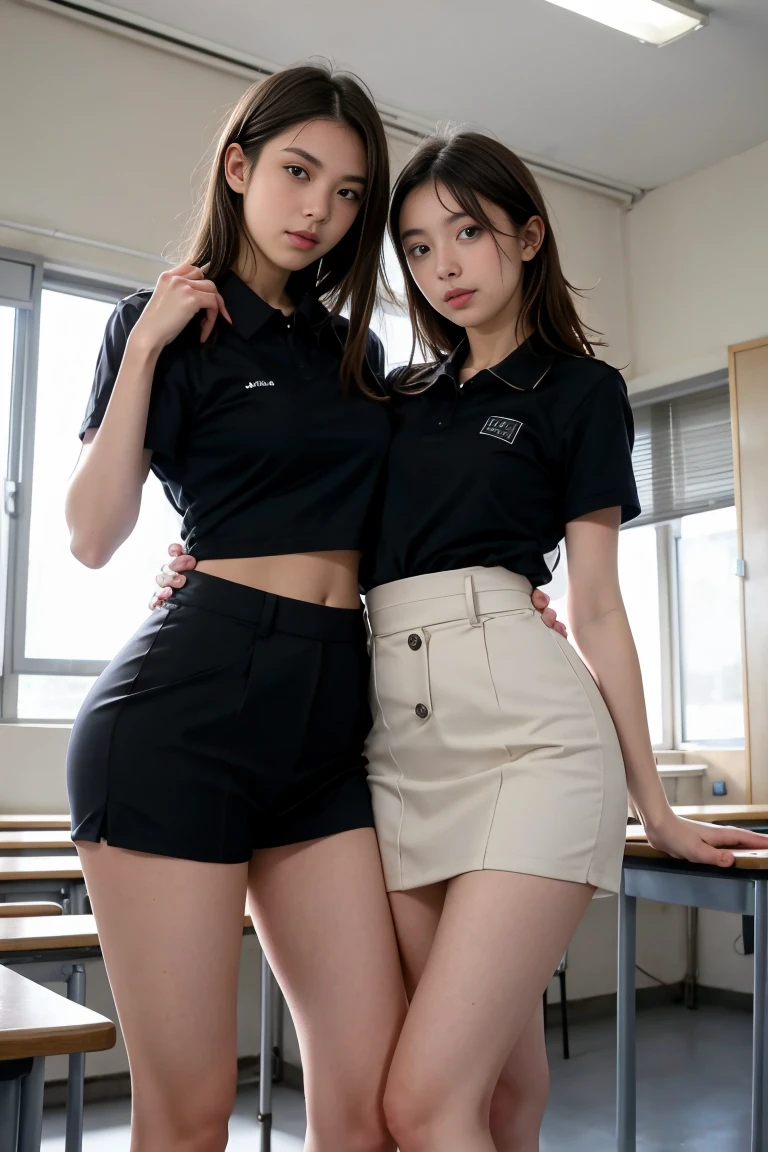 deux femmes ensemble de 18 ans sexy et mince , black short sleeve uniforme école, salle de classe, se touche,position sey,sensuel