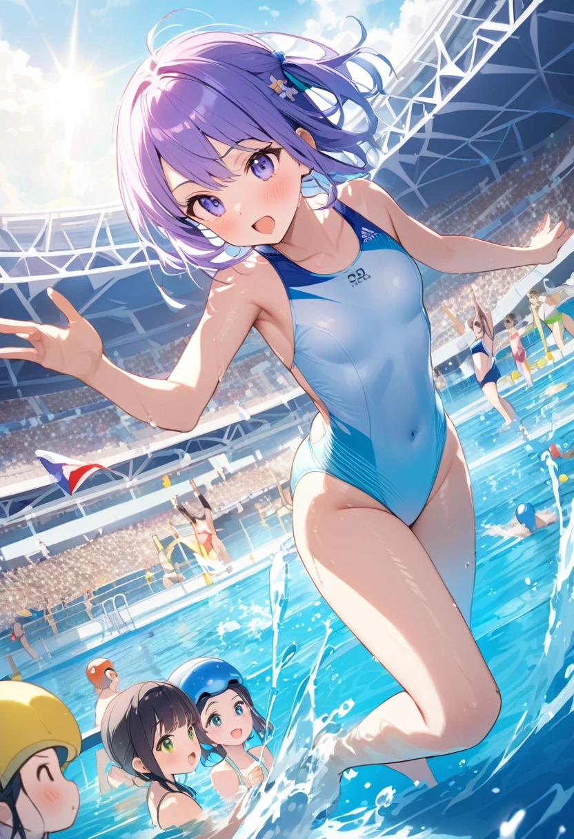 Highest quality、High resolution、Detailed Background、Beautiful face in every detail、age beauty、Cute hair colors、Perfect body line、swimming、Olympic Stadium、The pool shines blue、The audience is filled with excitement、The sun is shining high、Elite athletes、Tone muscles、The swimmers line up at the edge of the pool waiting for the starting signal.、The players jump in together、Water splashes and swimmers swing their arms and kick their legs vigorously.、The water battle has begun、Healthy Beauty