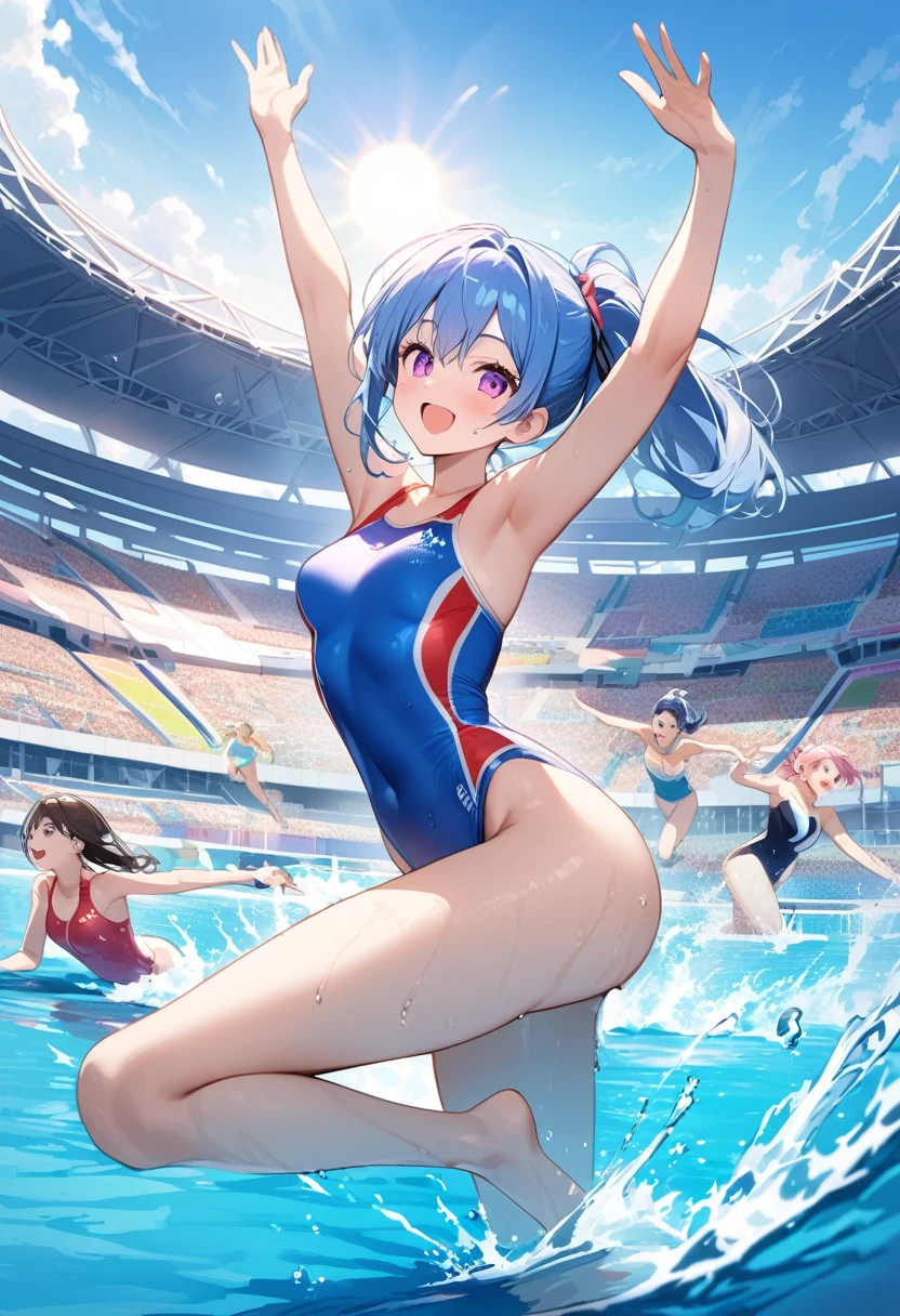 Highest quality、High resolution、Detailed Background、Beautiful face in every detail、age beauty、Cute hair colors、Perfect body line、swimming、Olympic Stadium、The pool shines blue、The audience is filled with excitement、The sun is shining high、Elite athletes、Tone muscles、The swimmers line up at the edge of the pool waiting for the starting signal.、The players jump in together、Water splashes and swimmers swing their arms and kick their legs vigorously.、The water battle has begun、Healthy Beauty