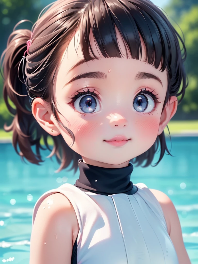 Highest quality、High resolution、Detailed Background、(beautiful face in every detail:1.4)、Anatomically correct、(Detailed facial expressions)、(fine grain:1.2)、 Beauty、One Girl、Cute black hair、beautiful, clear, Deep blue eyes、Braided Ponytail、Braided bob cut、primaryr competitive swimmer, ((Turtleneck one piece swimsuit:1.4)), (Simple design without patterns), (clearメタリックグリーンの水着:1.2),　(Natural Makeup:1.5),  (pink lips:1.5), (full lips:1.5), (parted_lips), (toothless smile), Outdoor swimming pool、My hair is flying in the strong wind、Observe the audience、My hands are holding nothing、Smiling Quietly、((Chest close-up))