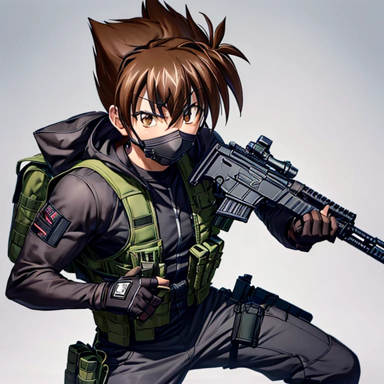 1man, issei_hyoudou, athletic build,(tactical mouth mask), strong pose, full body,(tactical vest, kevlar),black mountain backpack, fingerless gloves , brown hair, brown eyes, hair between eyes,(black-red camouflaged pants),(black shirt),holding large weapon,(assault rifle),