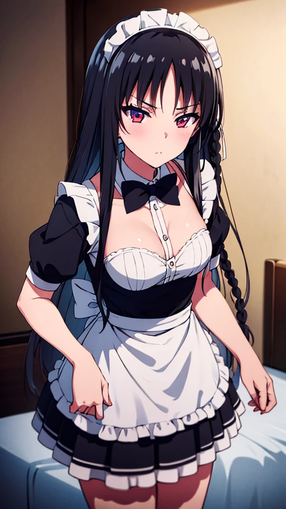 (masterpiece:1.3), (best quality:1.2)(8k, ultra detailed, ultra high res:1.3), ((anime style)), perfect 5 fingers, perfect anatomy, 1girl,
BREAK long hair, braid, black hair, 
red eyes, (detailed eyes:1.2), 
BREAK [medium breasts], maid, maid clothes,maid apron, maid headdress,frilled skirt,
BREAK blush, looking at viewer, cowboy shot, indoor, on the bed, 