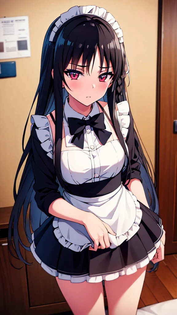 (masterpiece:1.3), (best quality:1.2)(8k, ultra detailed, ultra high res:1.3), ((anime style)), perfect 5 fingers, perfect anatomy, 1girl,
BREAK long hair, braid, black hair, 
red eyes, (detailed eyes:1.2), 
BREAK [medium breasts], maid, maid clothes,maid apron, maid headdress,frilled skirt,
BREAK blush, looking at viewer, cowboy shot, indoor, on the bed, 