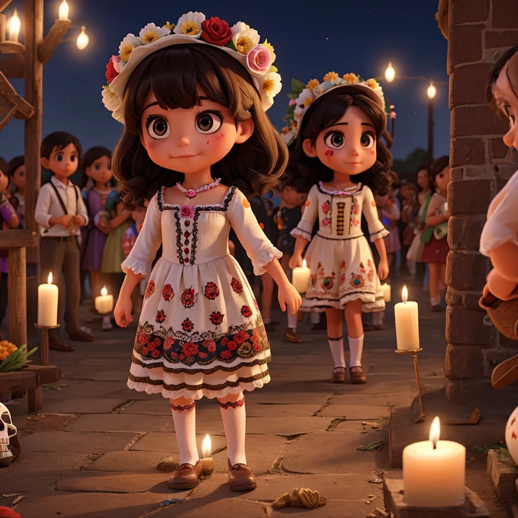 A girl standing in front of a Day of the Dead altar in her home