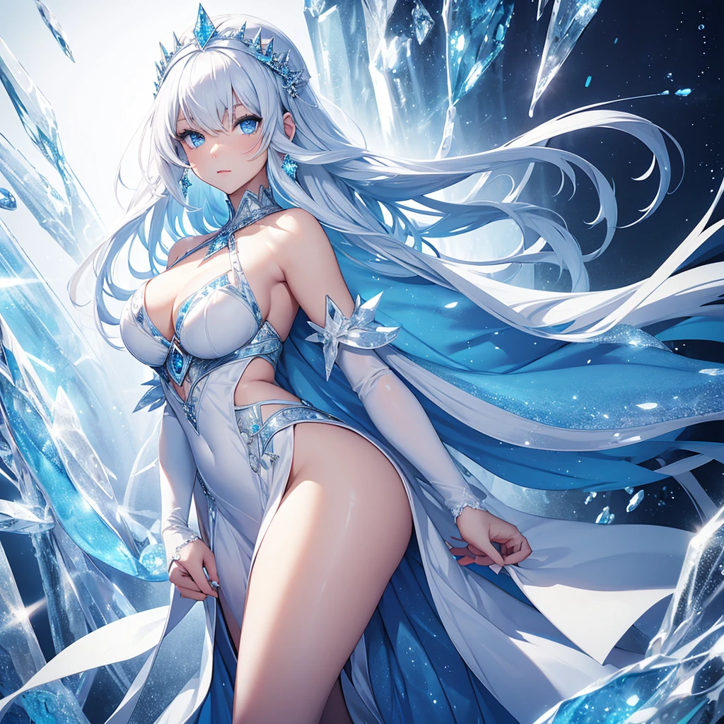 cheered up, young woman, Alone, wide, ((by white)),(( Blue eyes)), model, beautiful, medium breasts, Half-length portrait, Fancy, long dress, ((ice background)), Ice queen.