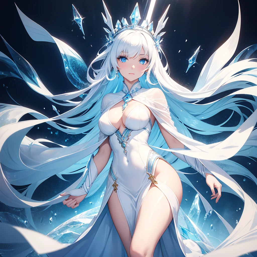 cheered up, young woman, Alone, wide, ((by white)),(( Blue eyes)), model, beautiful, medium breasts, Half-length portrait, Fancy, long dress, ((ice background)), Ice queen.