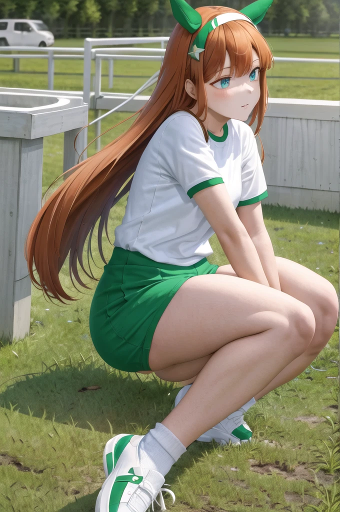 masterpiece, best quality, highres, aasuzuka, long hair, animal ears, ear covers, white hairband, horse tail,gym clothes,gym buruma,white shirt,short sleeves, black pantyhose, grass, wariza, sweat, shoes,