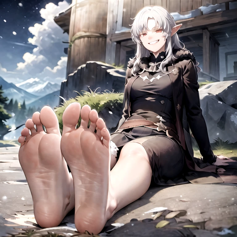 best quality, (masterpiece:1.2), detailed,
ophelia,
grin,
white hair, long hair, red eyes, pointy ears,
black coat, black dress, fur, (open clothes:1.2),
sitting, looking at the viewer,
snowing, forest, mountains, night,two feets