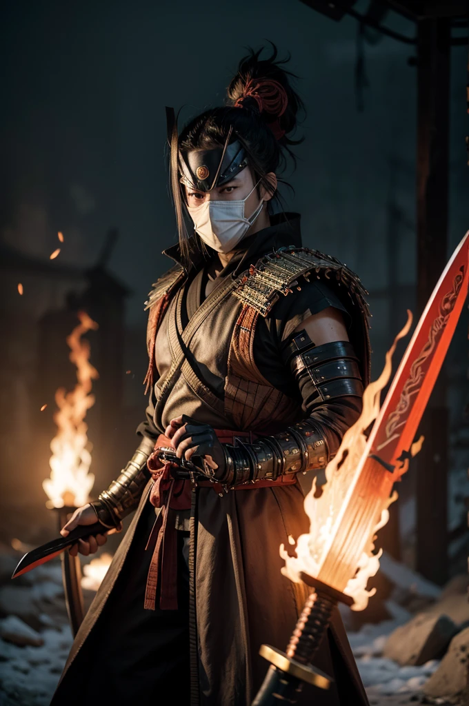 Cyber samurai warrior, with four flaming machete swords, obi mask