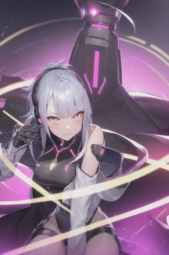 Mini Tank top, low Eye Level Angle,
lucy \(cyberpunk\), 1girl,  hair scrunchie, hime cut, silver hair, colored tips, full moon, grey eyes, jacket, long sleeves, looking at viewer, medium hair, multicolored hair, parted bangs, parted lips, pink hair, portrait, red eyeliner, red lips, solo, white jacket, cyberpunk \(series\), rainy night in a cyberpunk city with glowing neon lights

 1 girl, Chinese_clothes, metallic black titanium and pink, cyberhan, cheongsam, cyberpunk city, dynamic pose, detailed luminescent headphones, luminous hair accessories, long hair, luminous earrings, glowing necklace, cyberpunk, high-tech city, full of mechanical and futuristic elements, futuristic, technology, glowing neon, pink, pink light, sexy skirt, translucent black cape, laser light, digital background urban sky, big moon, with vehicle, best quality, masterpiece, 8K, Character edge light, super high detail, high quality, the most beautiful woman in human beings, smile, face facing front and left and right symmetry, ear decoration, long antenna glow, beautiful pupils, light effects, visual data, silver-red-orange hair dyed hair, ultra-detailed face texture, happy, weapon system, crowded street passers-by, mecha style, overhead luminous antenna, back jet, girl sitting, ผู้หญิงผมบลอนด์มีปีกนางฟ้าและมงกุฎทองคำ, wearing นางฟ้ารัศมี, เทวทูต halo, นางฟ้ารัศมี, เทวทูต, นางฟ้าคู่บารมีเต็มตัว, เทวทูต golden armor, รัศมีสีทองอยู่ด้านหลังศีรษะของเธอ, wearing นางฟ้ารัศมี covered face, เทพีแห่งแสงสว่าง, เทวทูต light, ปีกสีทองบนหัว, เซราฟิม, เทวทูตal, ของนางฟ้าแสนสวย, นางฟ้าหญิงที่สวยงาม, Create an image featuring a main female character in detailed attire including clothing that suggests protection like armor or thick fabrics,
