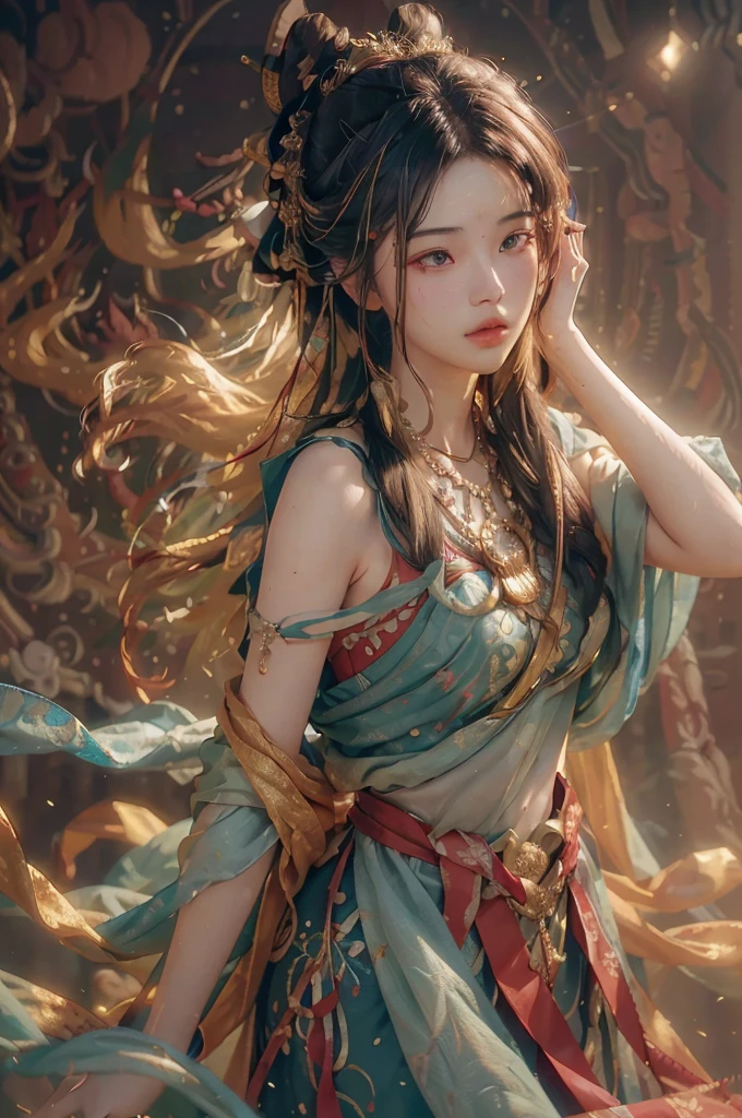 (RAW photo, best quality), (realistic, photo-realistic:1.3),best quality,highly detailed,masterpiece,ultra-detailed,illustration,1girl,upper_body,dynamic angle,world masterpiece theater,messy_long_hair,best quality,extremely detailed CG unity 8k wallpaper,ink,Amazing,cinematic lighting,lens_flare, dunhuang_style