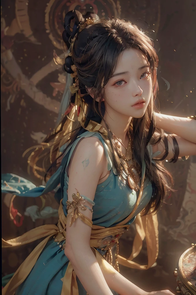 (RAW photo, best quality), (realistic, photo-realistic:1.3),best quality,highly detailed,masterpiece,ultra-detailed,illustration,1girl,upper_body,dynamic angle,world masterpiece theater,messy_long_hair,best quality,extremely detailed CG unity 8k wallpaper,ink,Amazing,cinematic lighting,lens_flare, dunhuang_style