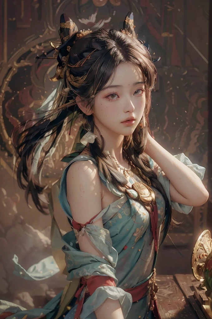 (RAW photo, best quality), (realistic, photo-realistic:1.3),best quality,highly detailed,masterpiece,ultra-detailed,illustration,1girl,upper_body,dynamic angle,world masterpiece theater,messy_long_hair,best quality,extremely detailed CG unity 8k wallpaper,ink,Amazing,cinematic lighting,lens_flare, dunhuang_style