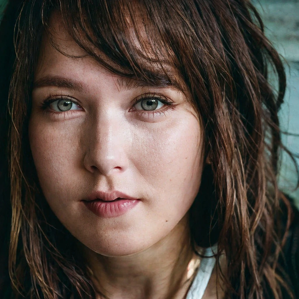 Pale woman wearing shredded grunge shirt, dark messy hair, staring at viewer, perfect quality, sharp focus, shallow depth of field, 8k, flash photography, dread in eyes