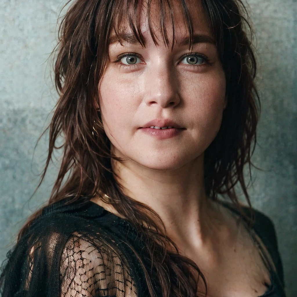 Pale woman wearing shredded grunge shirt, dark messy hair, staring at viewer, perfect quality, sharp focus, shallow depth of field, 8k, flash photography, dread in eyes