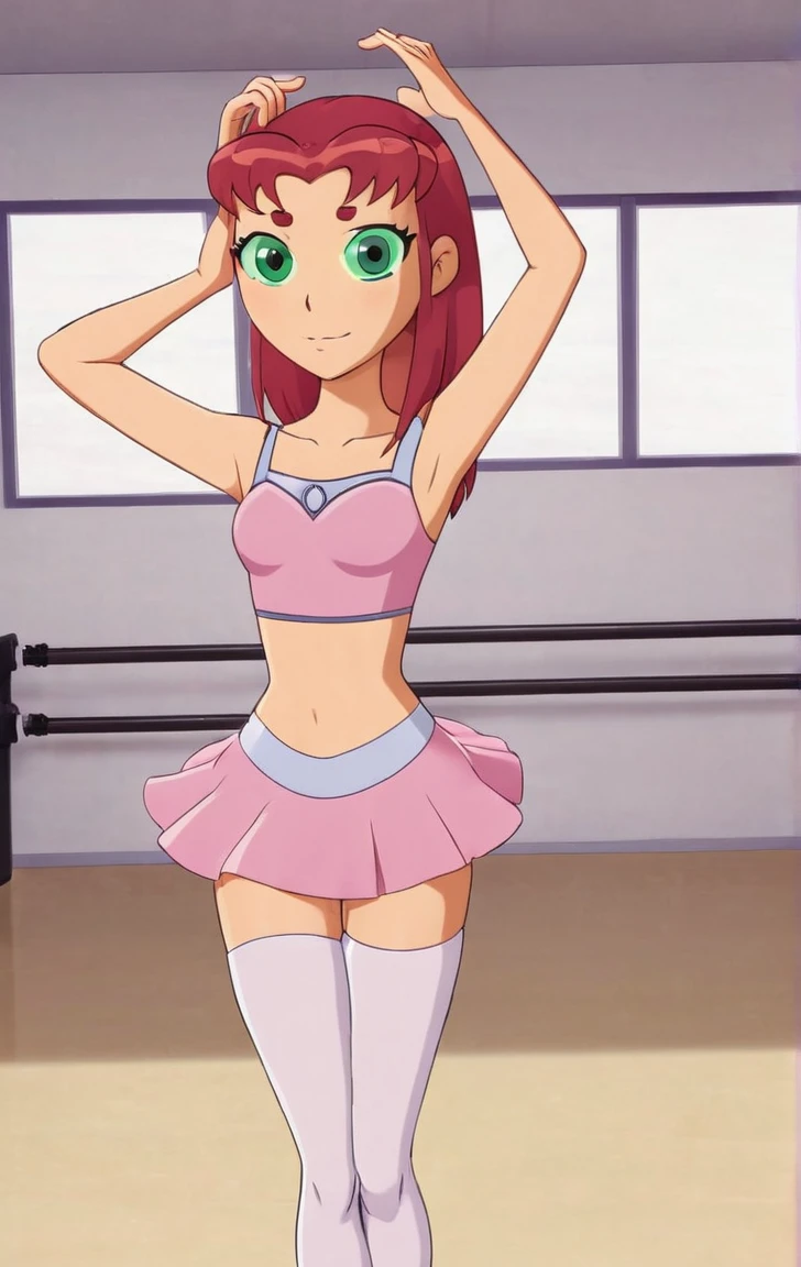 ohxw, star12, red hair, green eyes, pink tutu, pink tutu top, bare legs, ballet slippers, full body, blushing, dance studio, inside, cartoon, 2d, skirt lift, white panties, hands holding up skirt