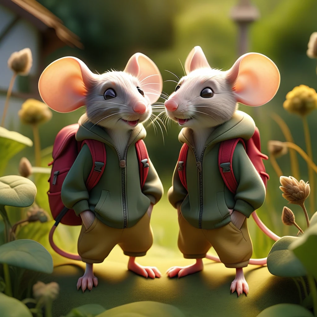 a detailed mice in hiking clothes inside a garden in a field, panoramic view, extremely detailed, 8k, photorealistic, highly detailed, cinematic lighting, natural scenery, vibrant colors, lush vegetation, beautiful landscape, detailed foliage, intricate textures, realistic shadows, dramatic lighting, serene atmosphere, beautiful outdoor setting, stunning panorama