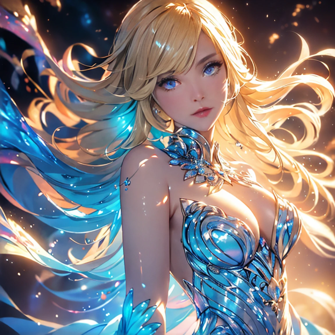 Beautiful blonde woman, with wax dress melting and dripping down the body (Masterpiece: 1.2), (Best Quality), 4k, ultra detailed, (dynamic composition: 1.4), Very detailed, colorful details, (iridescent colors: 1.2), (bright lighting, atmospheric lighting), Dreamer, magical, (Alone: 1.2)