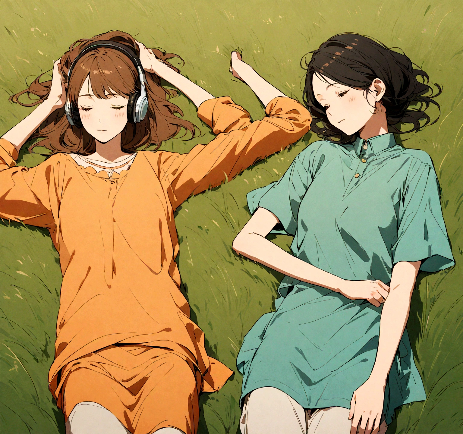 The image depicts two people lying on the grass. The person on the left is wearing a blue shirt and has brown hair, while the person on the right is wearing an orange shirt and has black hair. Both have headphones connected to smartphones. The person on the right is holding their head with their hands, possibly indicating relaxation or enjoyment of the music. The background is mainly composed of green grass, with a subtle texture that suggests it is an illustration rather than a photograph